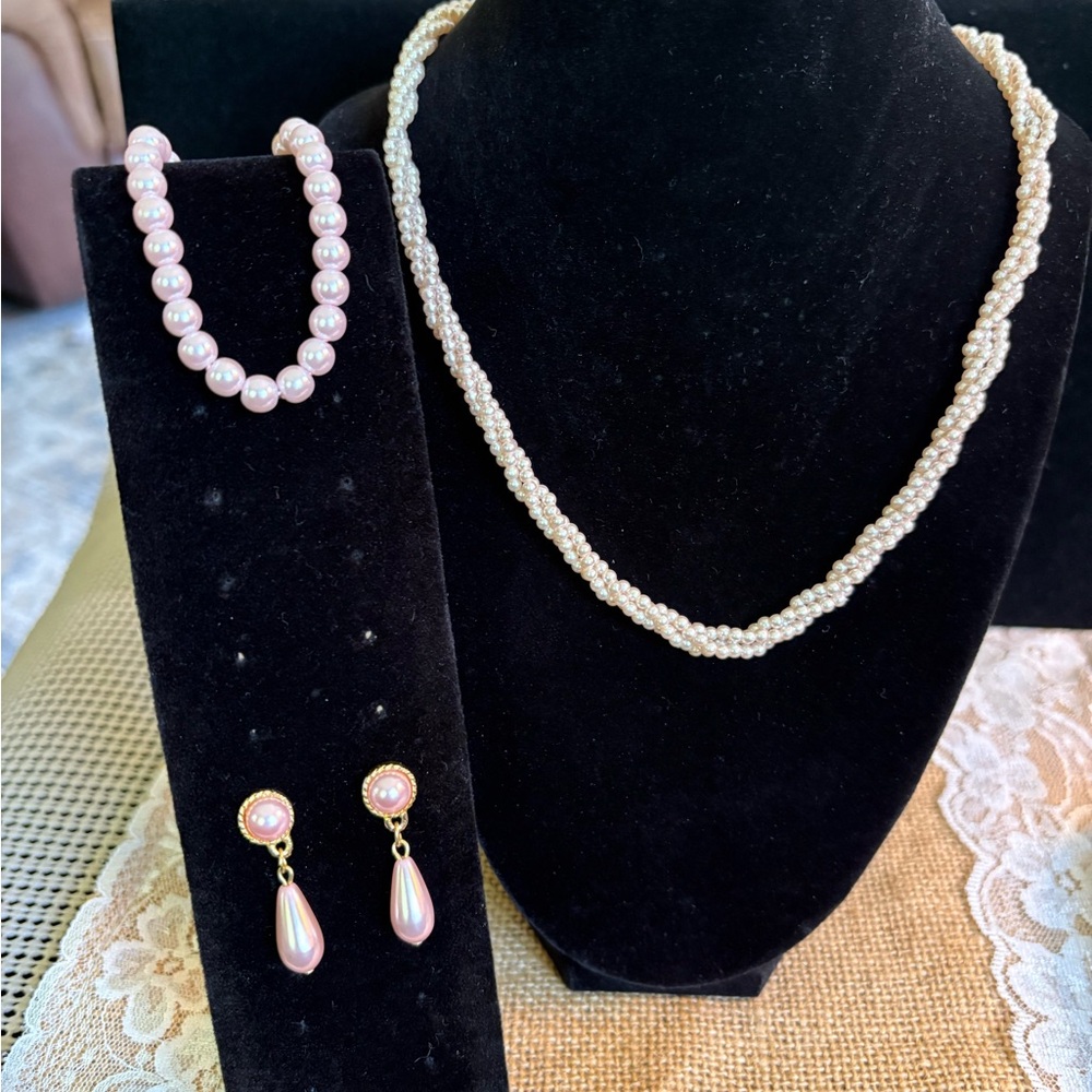 Pink Pearl Jewelry Set Bracelet Earrings Necklace